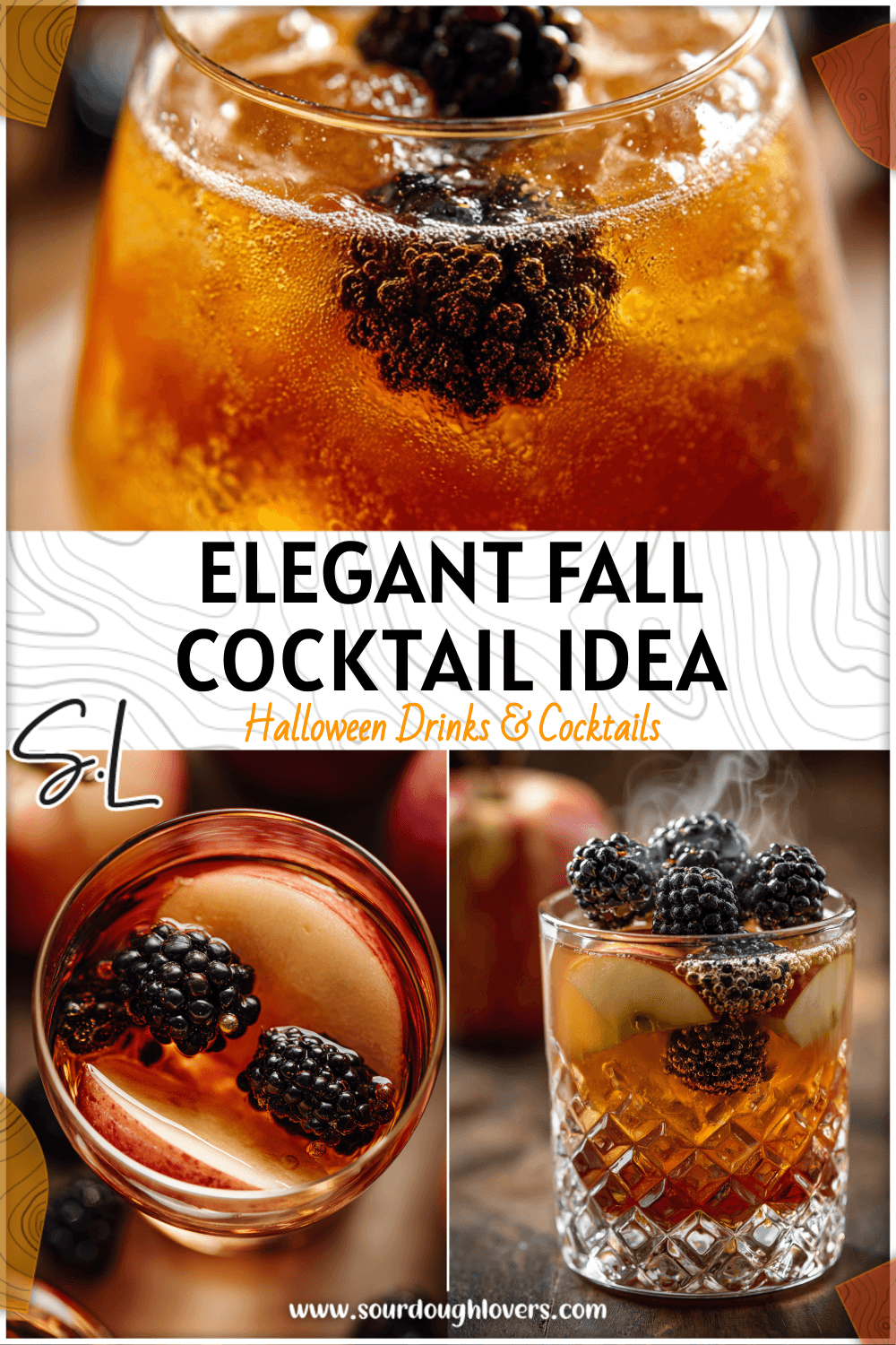 Apple cider in glass with floating blackberries making a fancy fall cocktail for Halloween parties 2